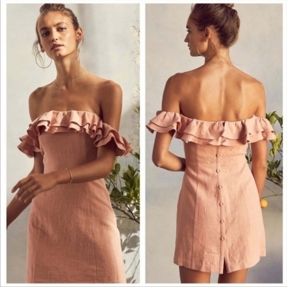 Saylor Janie Off The Shoulder Peach Linen Mini Dress SIZE SMALL - Picture 1 of 8